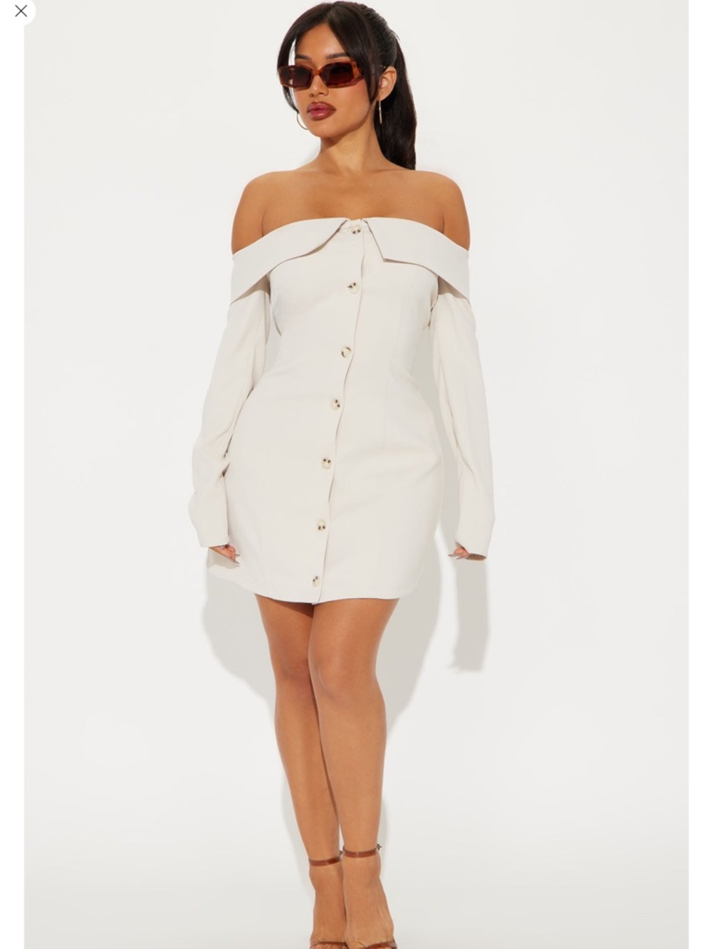 Off-Shoulder Button-Front Mini Dress in Cream